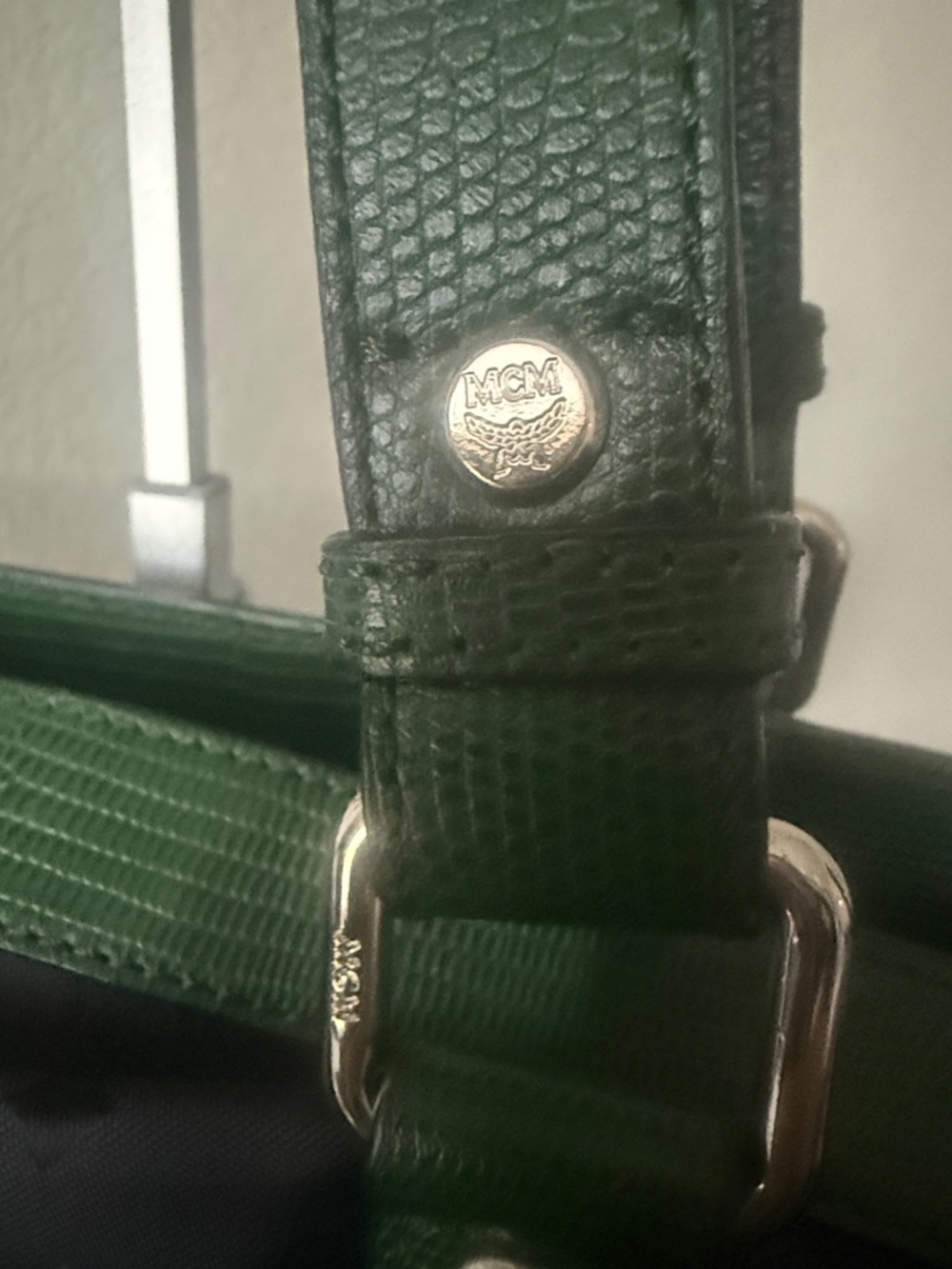 Authentic MCM Black Nylon Tote Green Lizard Embossed Leather Trim-Vintage w/COA - Picture 15 of 16
